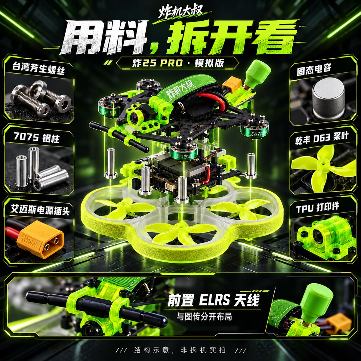 09|三层结构示意 · 前置 ELRS 与后置图传天线分开布局,非拆机或装配图